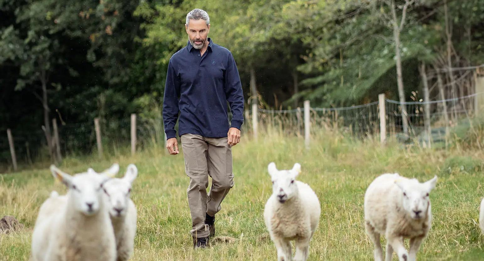 Man walking with three sheep in grassy field wearing New Forest Clothing, favourite among farmers.