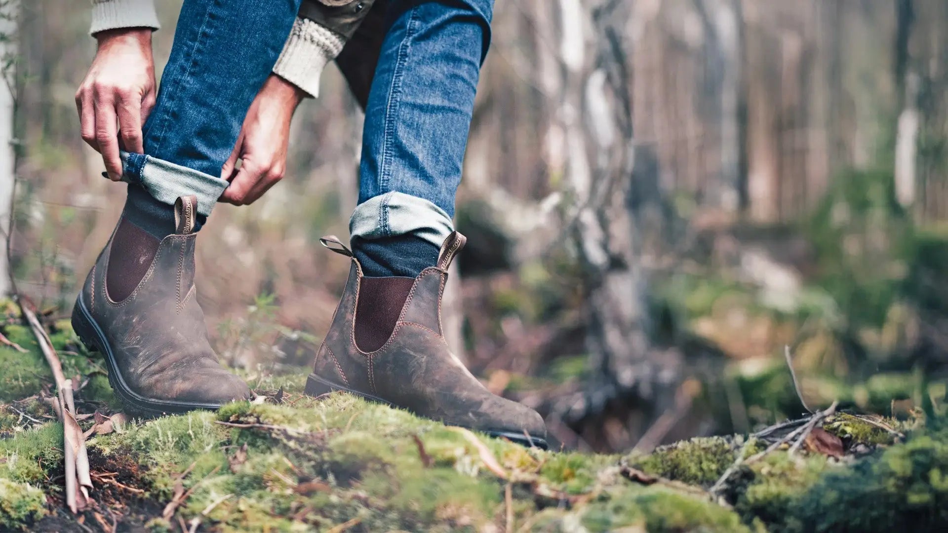 Brown leather Chelsea boots for a rugged look, perfect with Blundstone Boots and forest clothing.