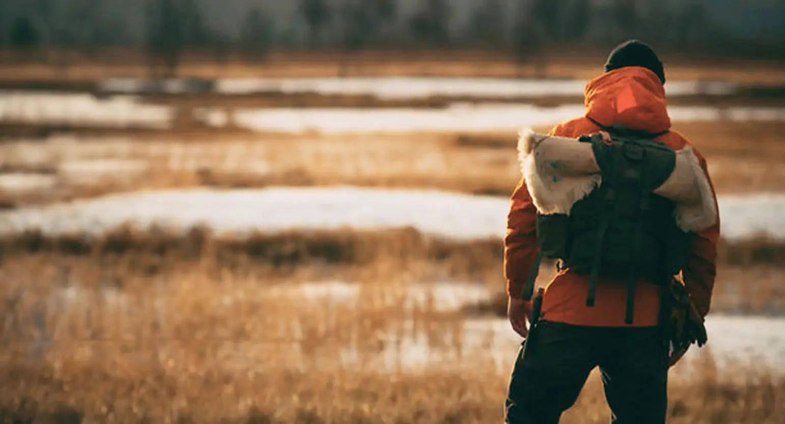 Person in outdoor clothing and a backpack enjoying a field, embodying Finnish traditions.