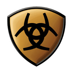 Gold shield-shaped emblem with black biohazard symbol for Ariat country clothing.