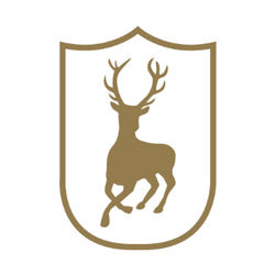 Silhouette of a stag in a cool shield emblem from the Deerhunter country clothing collection