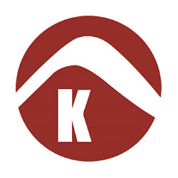 Circular red and white logo with K for Keela Outdoor Clothing brand.