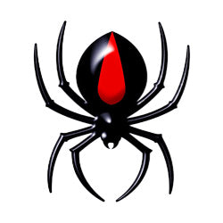 Stylized Black Widow spider with red hourglass marking for country clothing and outdoors.