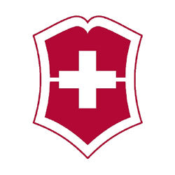 Red shield logo with white cross from Victorinox for outdoor and hunting gear.