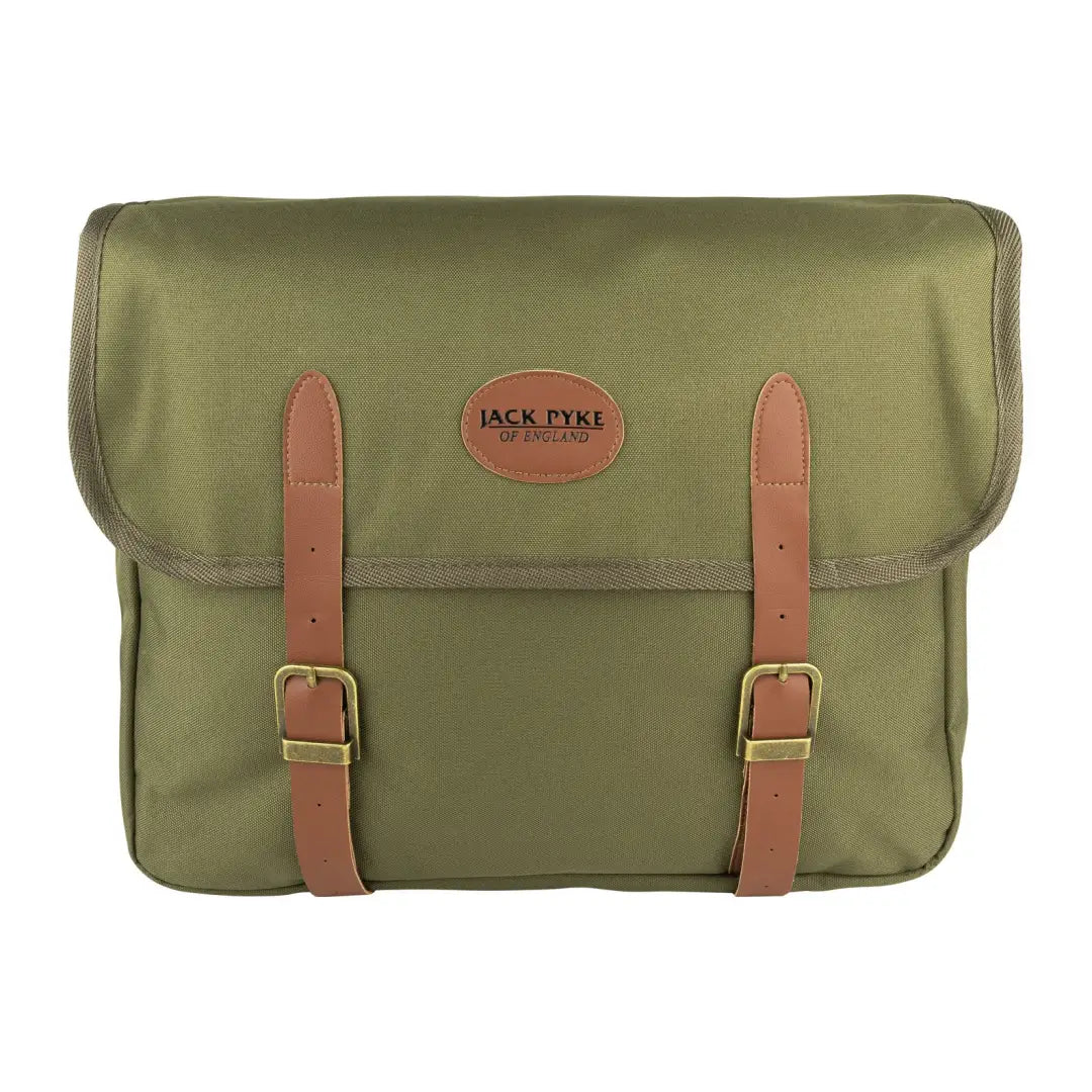 Olive green Jack Pyke Dog Bag with brown leather straps and buckles for style and utility