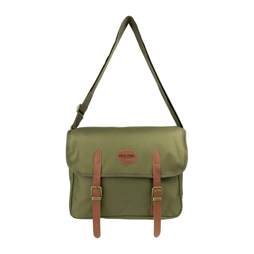 Olive green Jack Pyke Dog Bag with brown leather straps and buckles