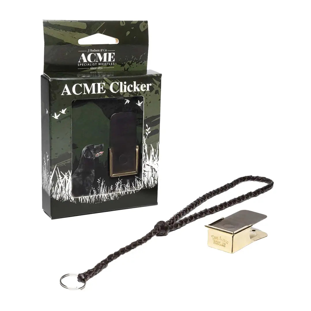 Acme Polished Brass Clicker with leather lanyard for dog training and commands