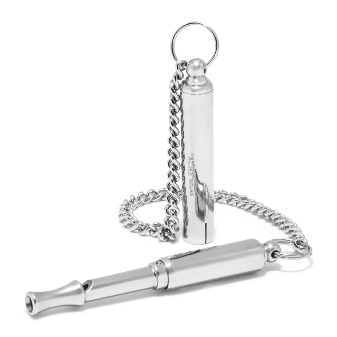 Metal whistle on a chain, perfect for the Acme Silent Dog Whistle in style