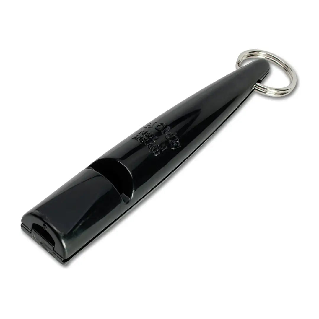 Black plastic Acme Ultra High Dog Whistle with metal key ring for easy access