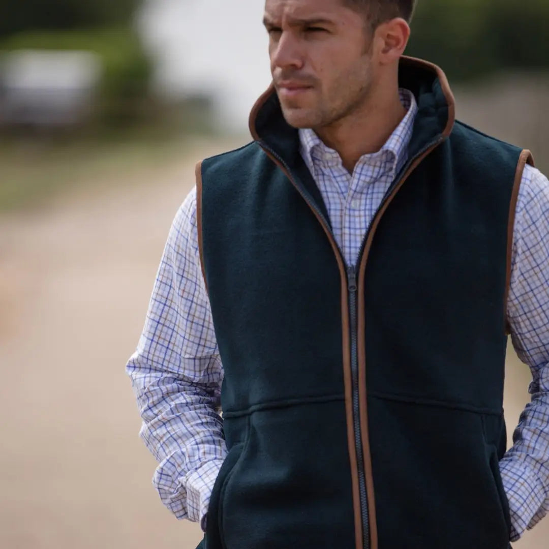 Casual Navy Blue Quilted Vest over a Checkered Shirt from Alan Paine Aylsham Fleece Gilet