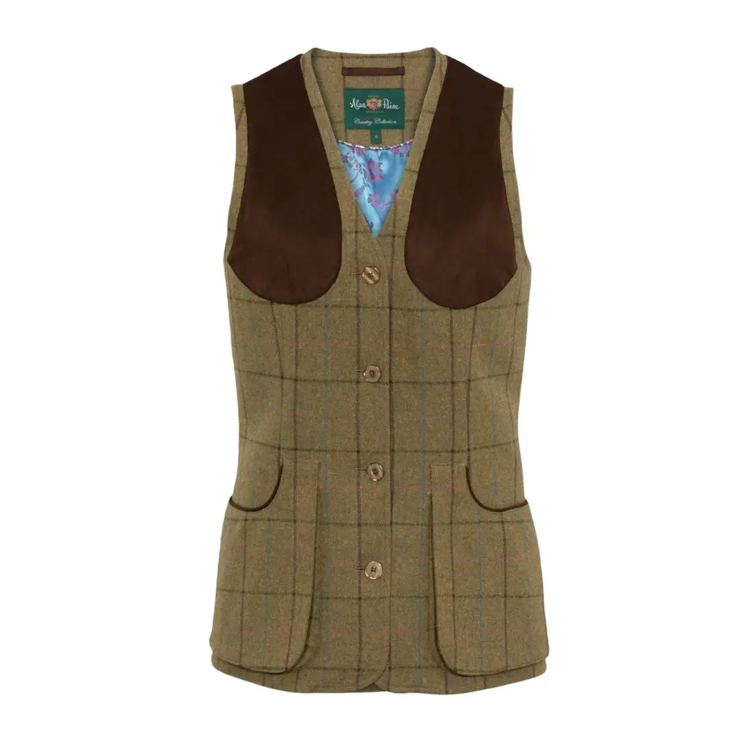 Olive green tweed shooting vest with brown patches from Alan Paine Combrook Ladies collection