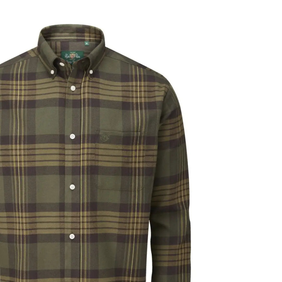 Plaid Alan Paine Ilkley flannel button-down shirt in earthy green and brown