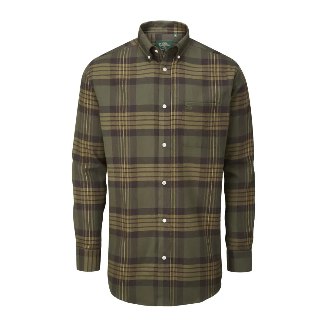 Plaid Alan Paine Ilkley Flannel Button Down in earthy green and brown tones