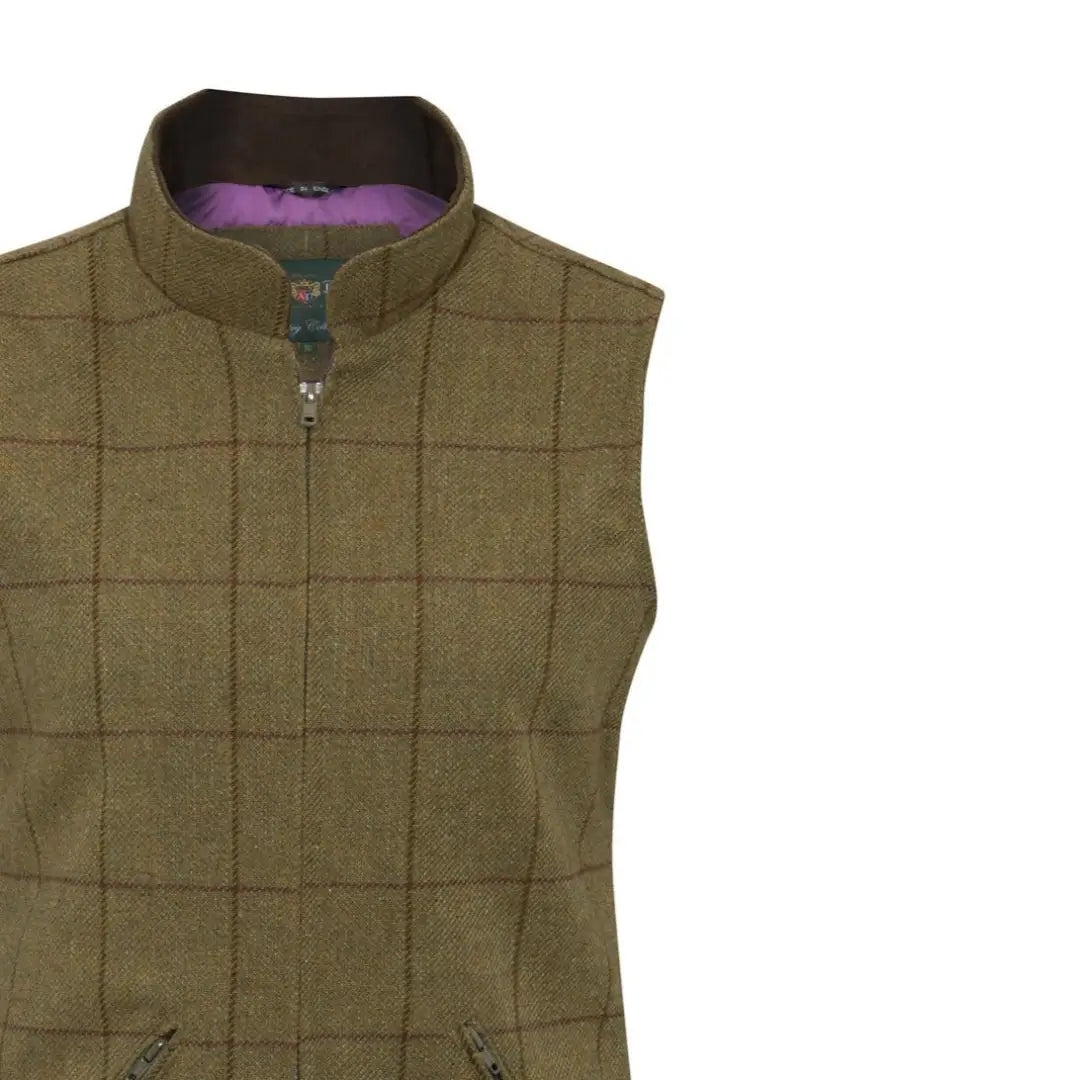 Quilted olive green Alan Paine Rutland Ladies Gilet with purple lining and zipper