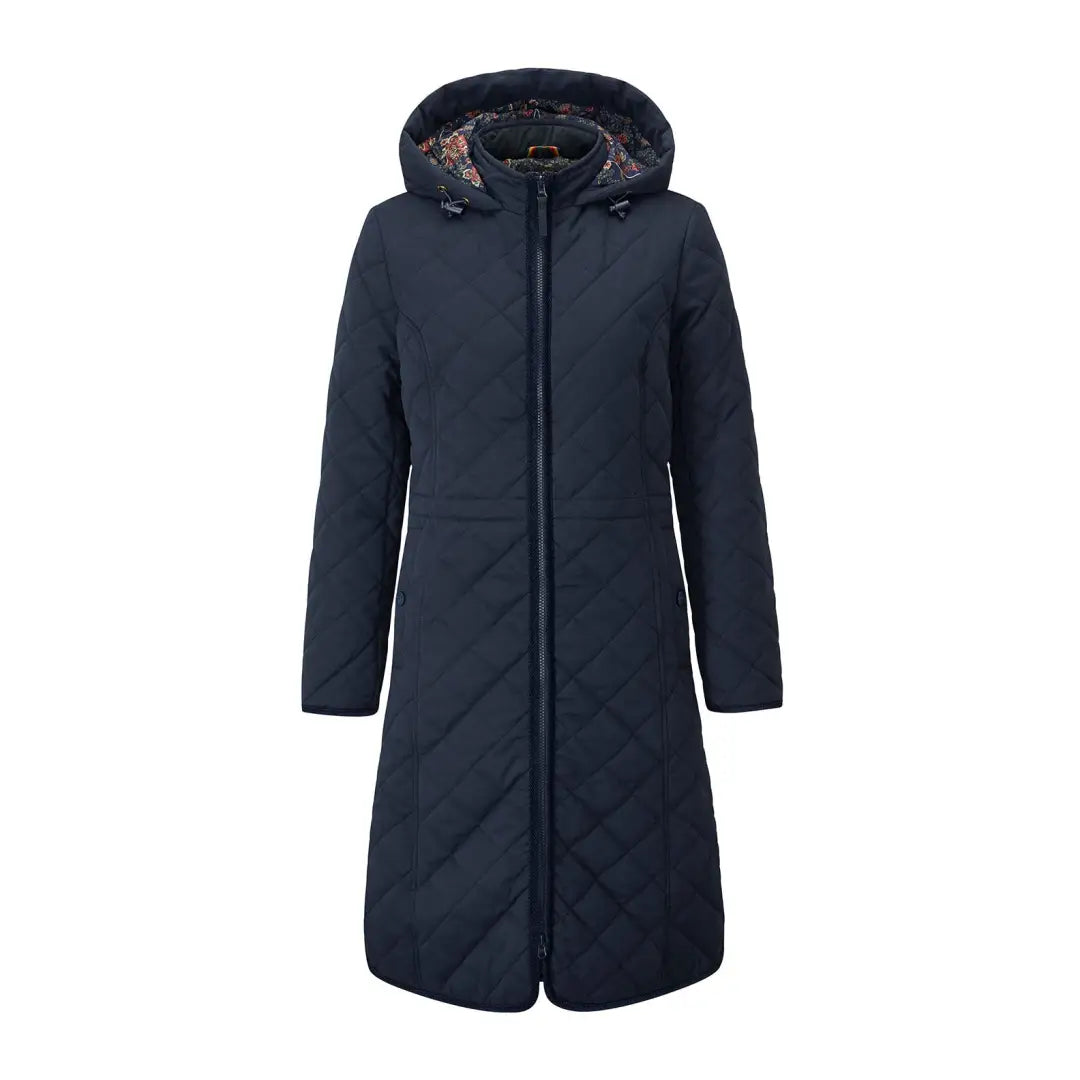 Long navy blue quilted winter coat with hood, perfect for country clothing and outdoor adventures