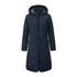 Long navy blue quilted winter coat with hood, perfect for country clothing and outdoor adventures