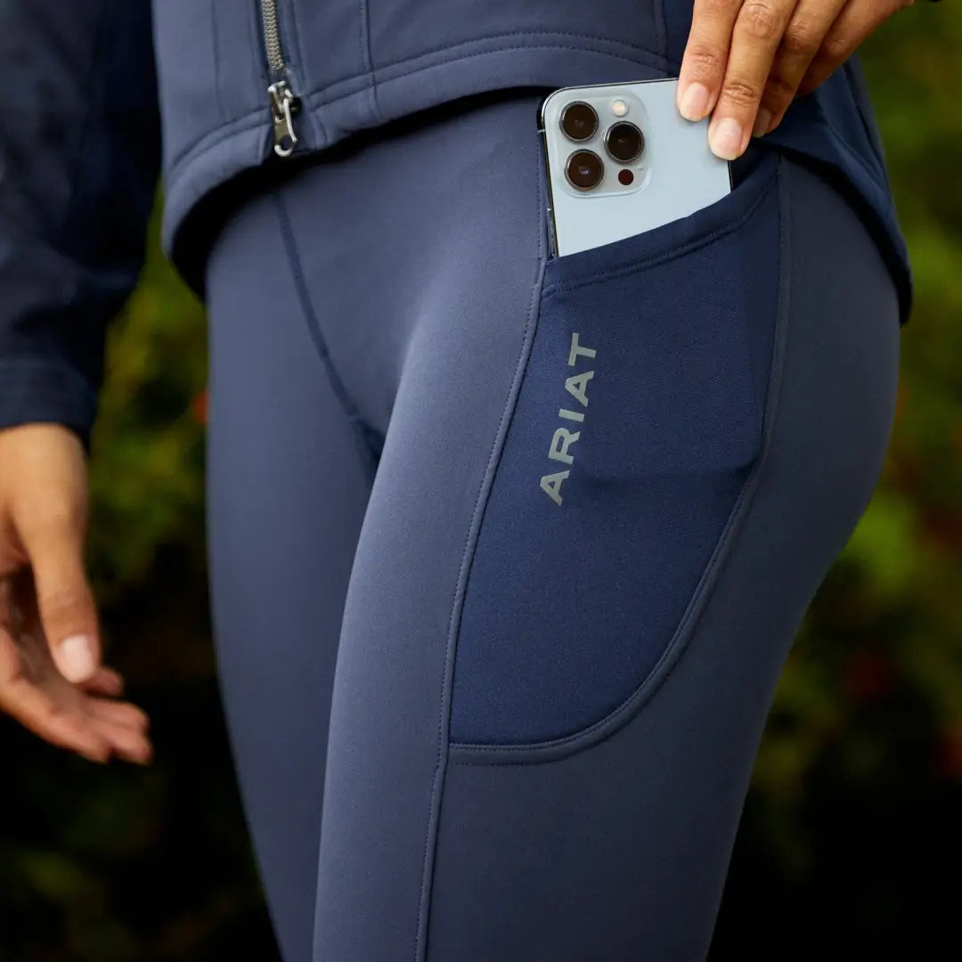 Navy blue Ariat Boreas Half Grip Tight leggings with smartphone pocket for outdoor adventures