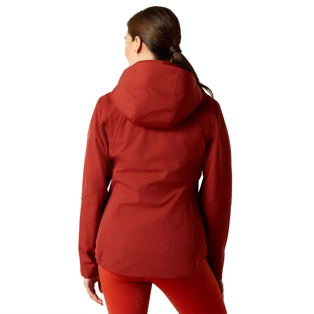 Red hooded jacket from behind, perfect for country clothing and outdoor adventures