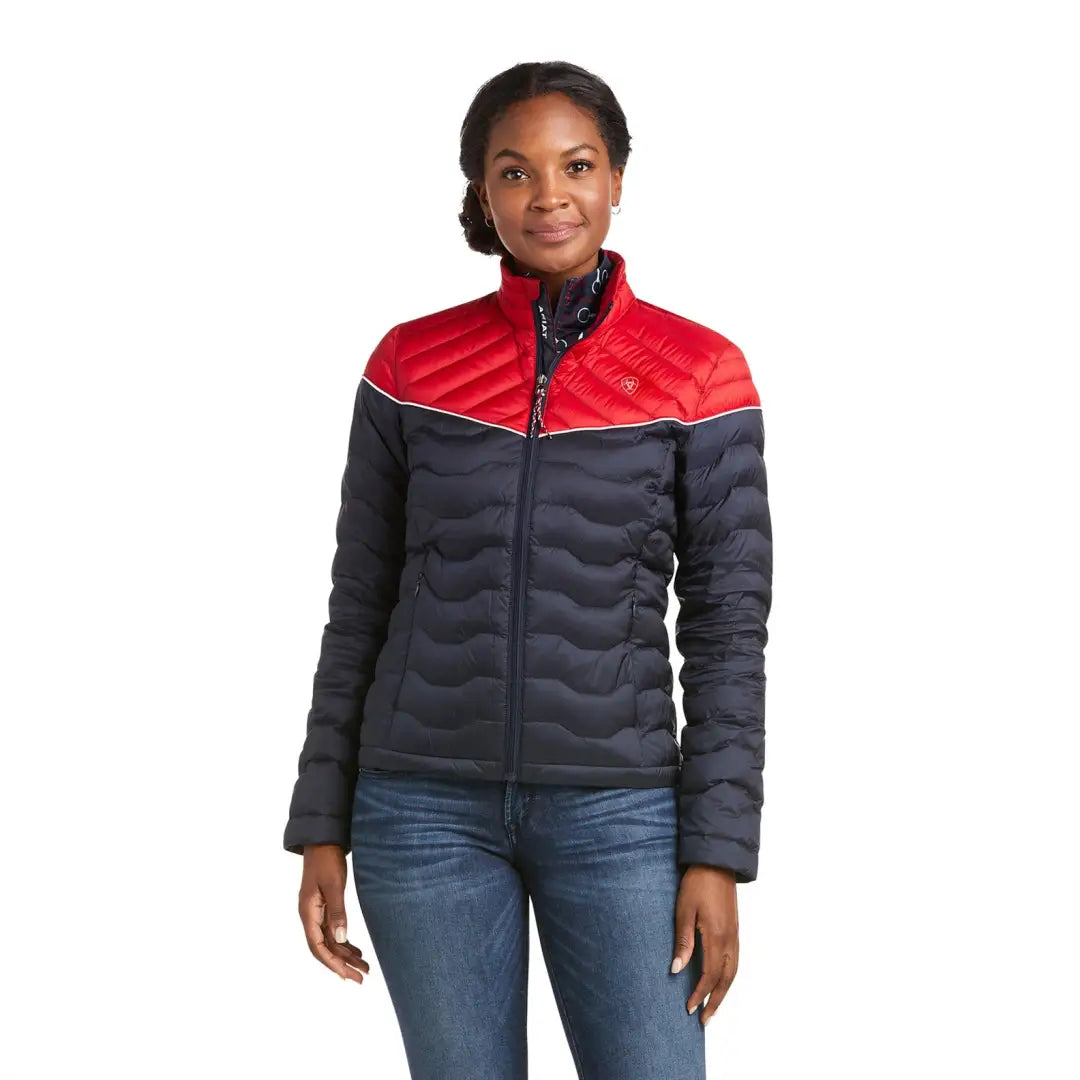 Quilted Ariat Ideal 3.0 Down Jacket in red and navy, perfect for country clothing outdoors