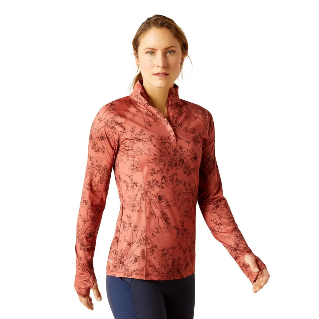 Rust-colored floral quarter-zip athletic top for stylish country clothing outdoors