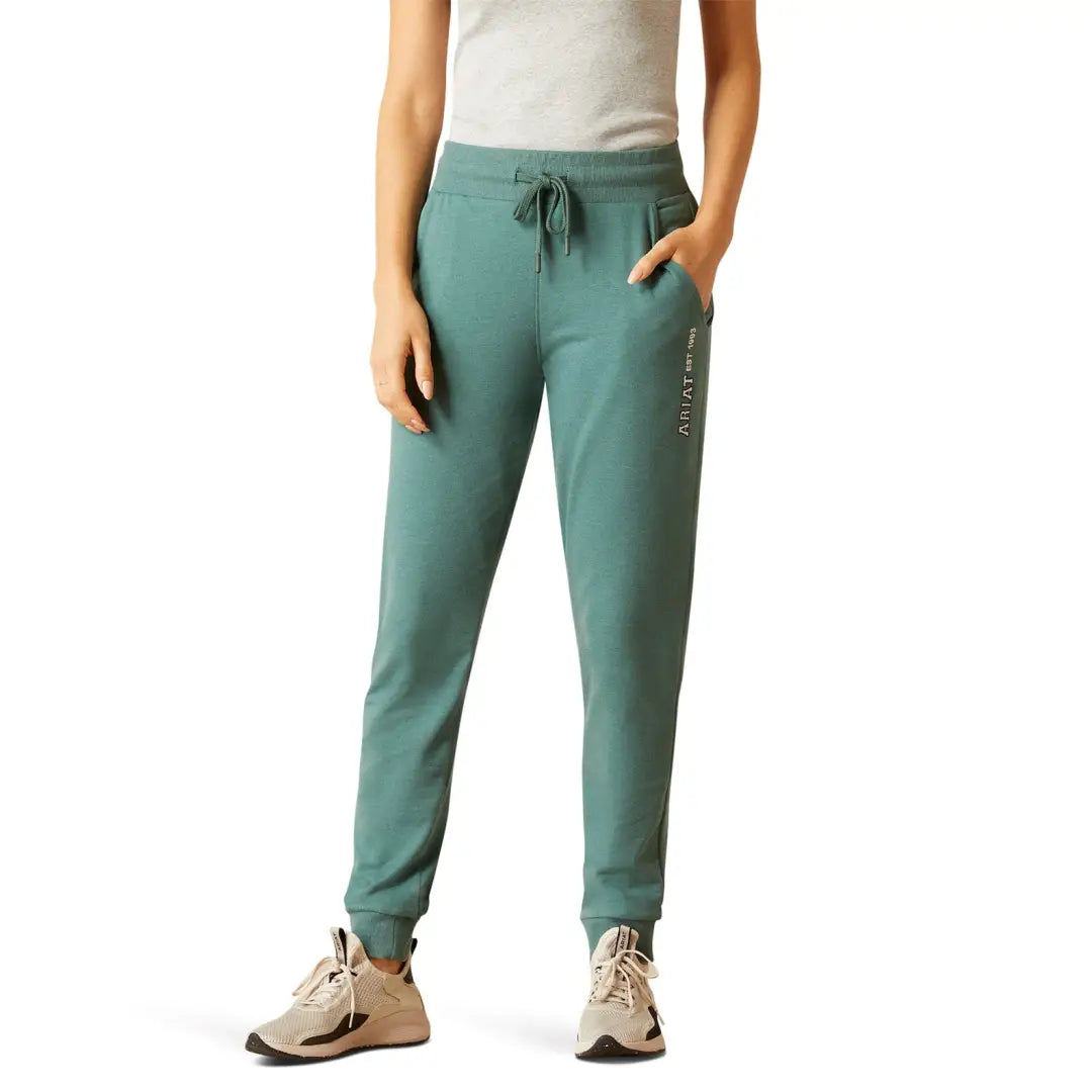 Teal Ariat Memento Jogger sweatpants with drawstring waist, perfect for country clothing