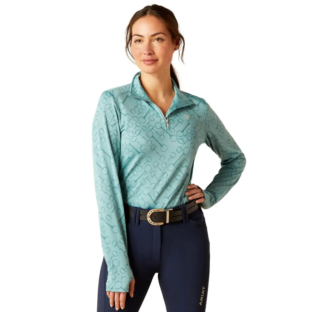 Mint green zip baselayer with a subtle pattern, ideal for country clothing and hunting