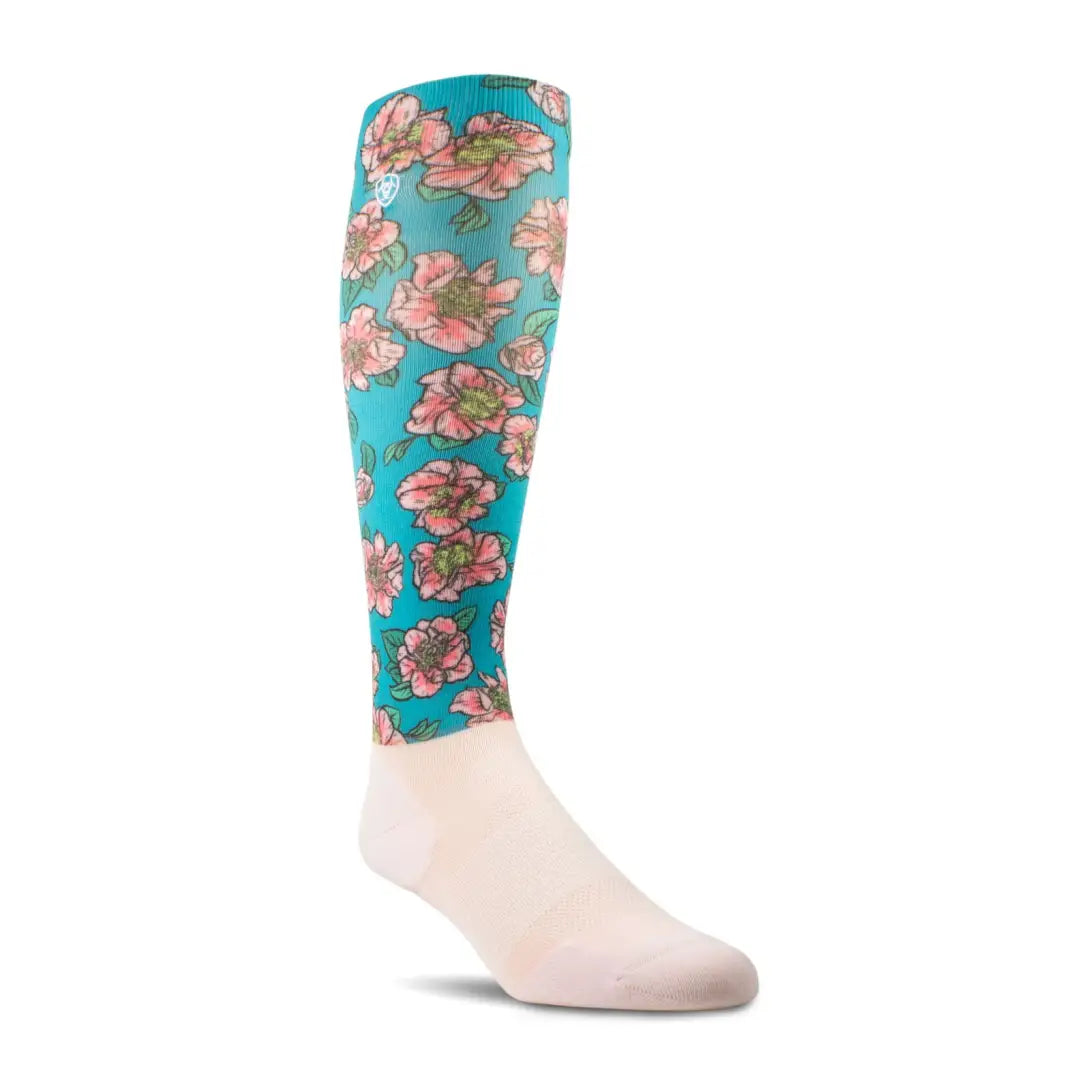 Floral patterned Ariat Tek Slim Printed Boot Socks with teal background and pink flowers