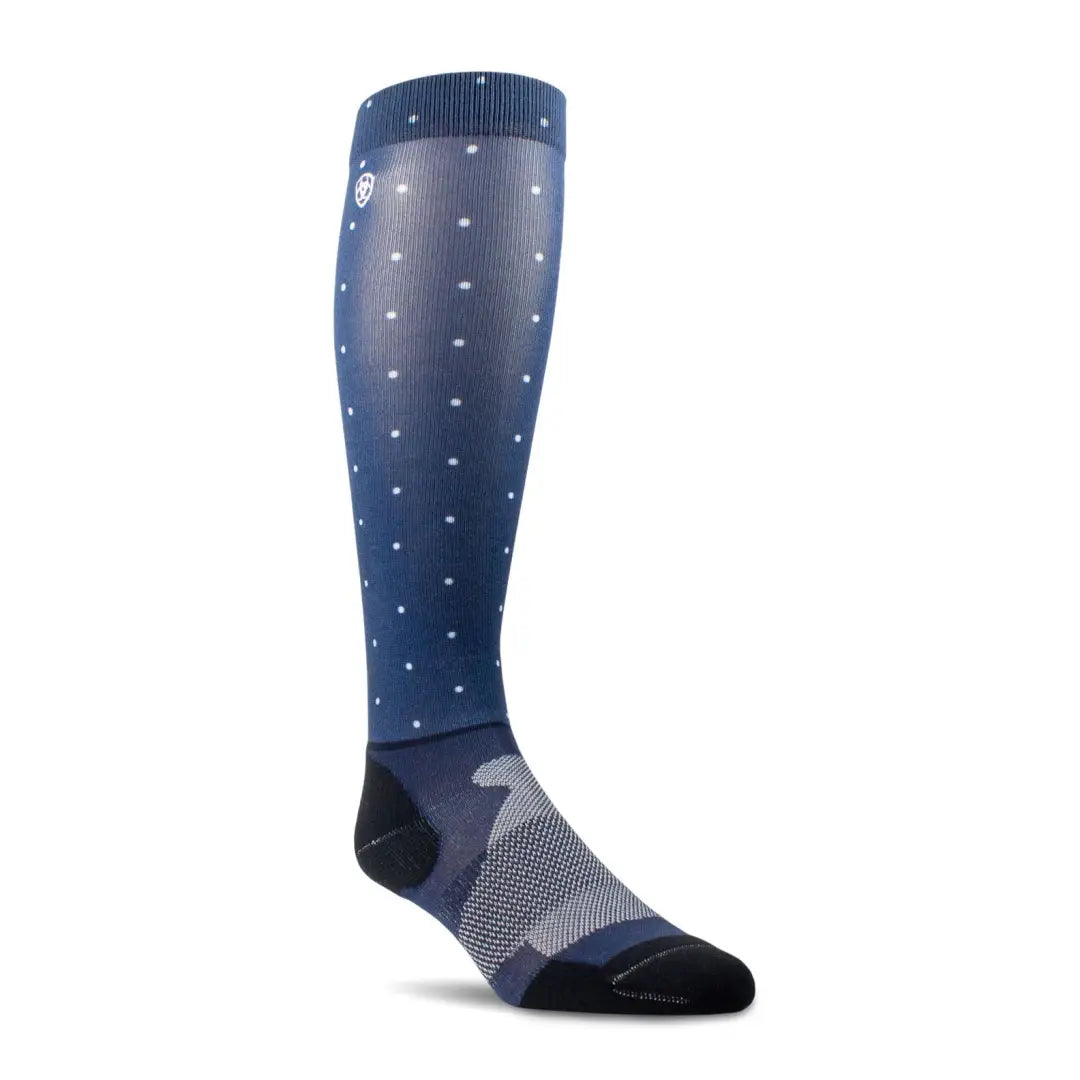 Knee-high blue printed boot socks with white polka dots and gray accents