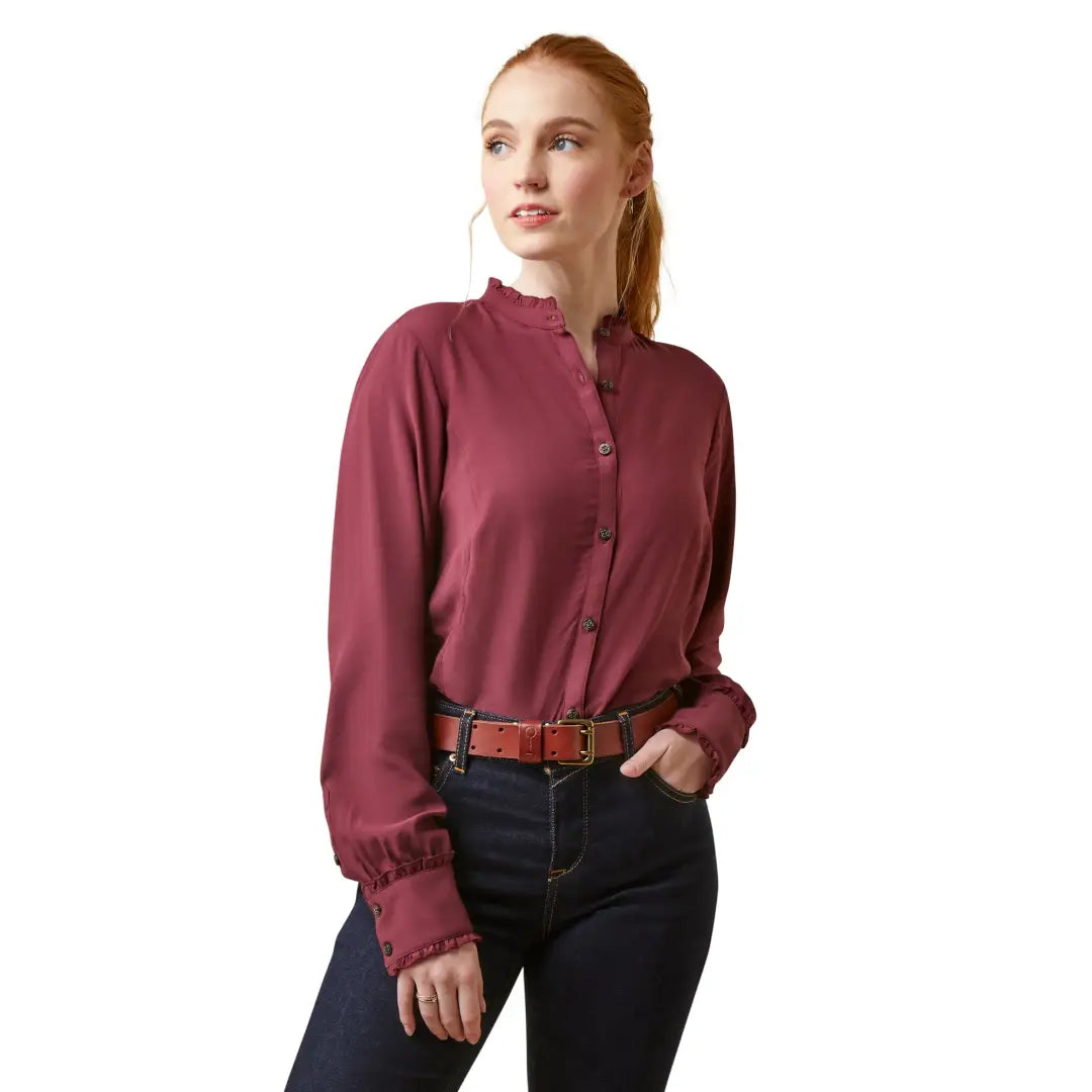 Burgundy button-up blouse with mandarin collar, perfect for country clothing and the outdoors