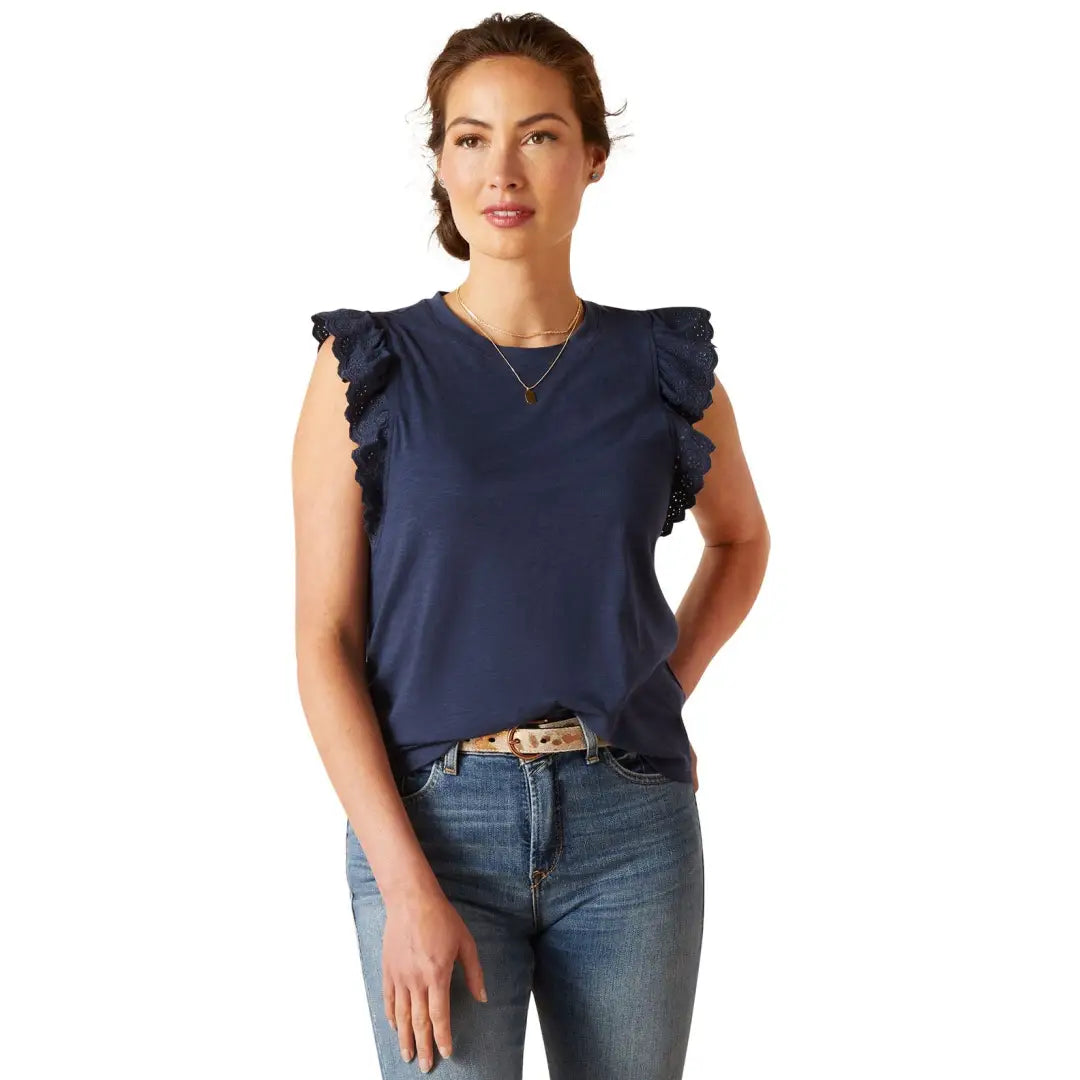 Navy blue sleeveless top with ruffled cap sleeves from Ariat Ludlow Short Sleeve collection