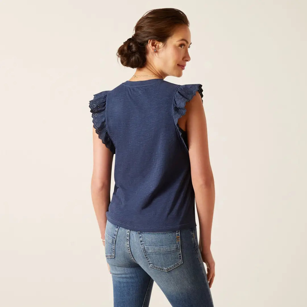 Navy blue sleeveless Ariat Womens Ludlow Short Sleeve Top with ruffled cap sleeves