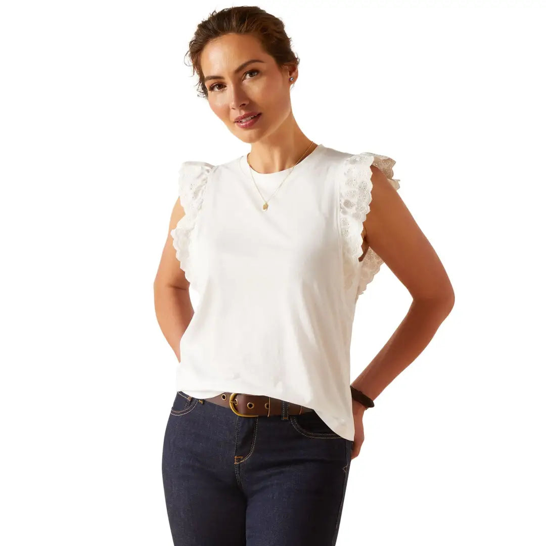 White sleeveless top with ruffled cap sleeves for stylish country clothing adventures