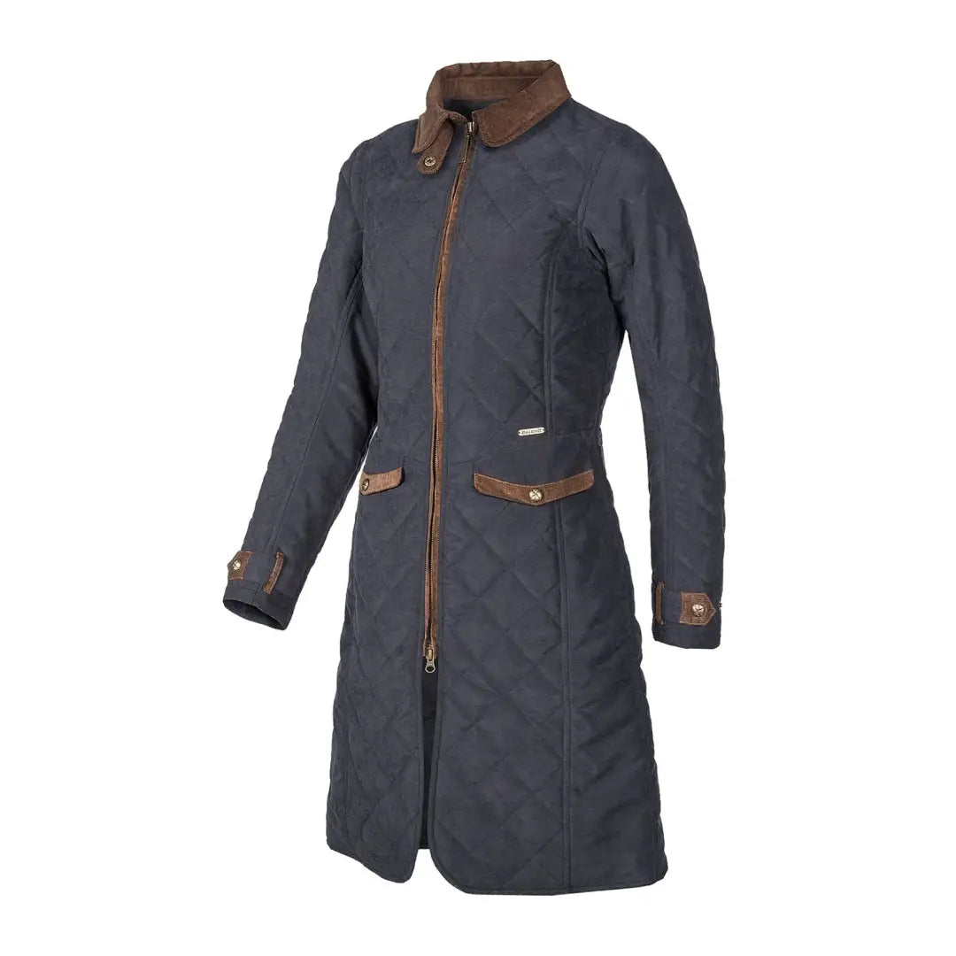 Long navy blue diamond quilted coat with brown leather collar and trim details from Baleno