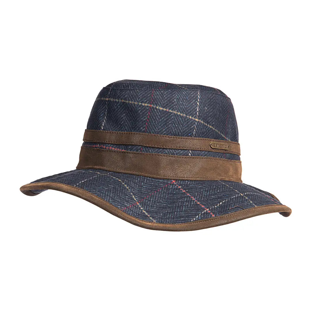 Wide-brimmed Baleno Caitlin Printed Tweed Hat with plaid fabric and leather band