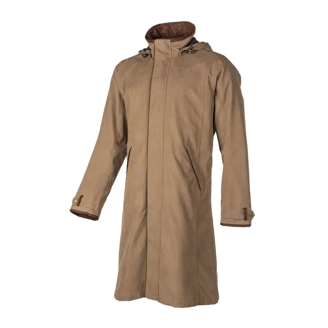 Tan trench coat with hood and long sleeves from Baleno Cameron, perfect for country clothing