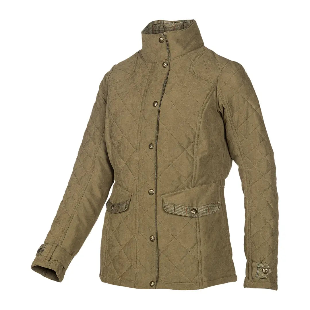 Quilted khaki jacket with high collar from Baleno Halifax, perfect for stylish women