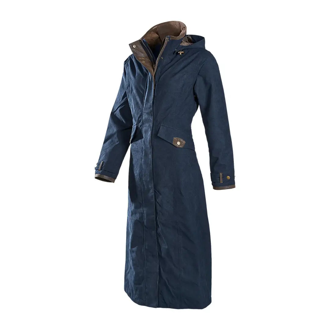 Stylish ladies Baleno Kensington coat features a long navy blue design with brown collar