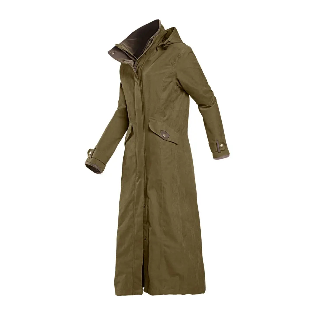 Long olive green trench coat with high collar from Baleno Kensington Ladies collection