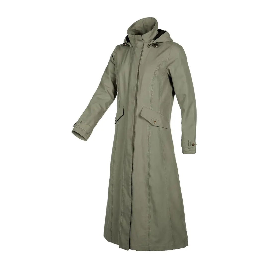 Long olive green Baleno Kensington Safe Ladies jacket with hood and pockets