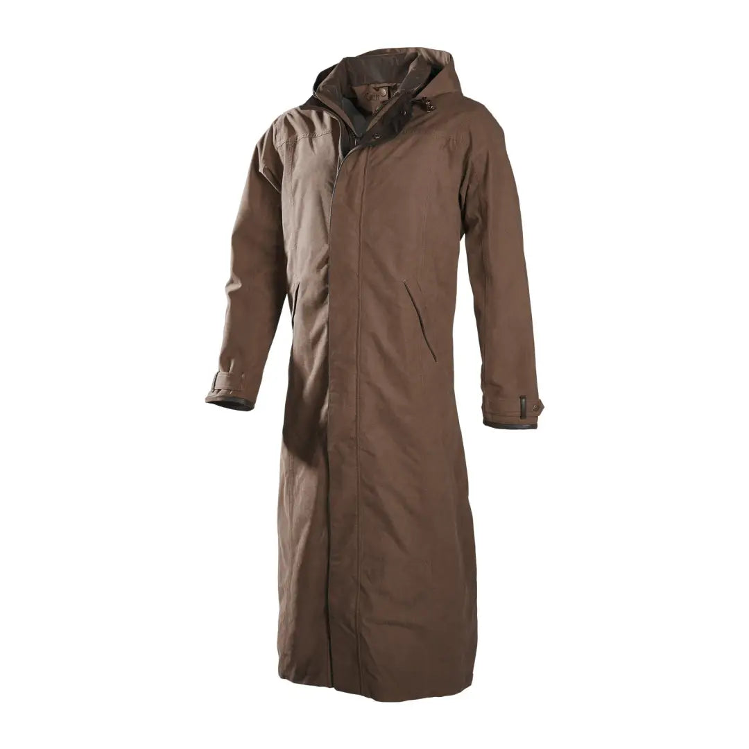 Long brown Baleno Livingstone Drovers Coat with full-length zipper for durable style