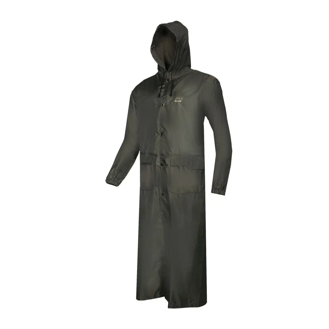 Long dark green Baleno Montana Raincoat with adjustable fixed hood and toggle closures