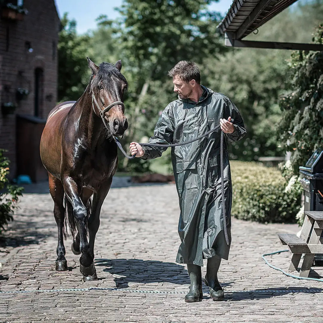 Brown horse led by a person in a Baleno Montana Raincoat with adjustable fixed hood