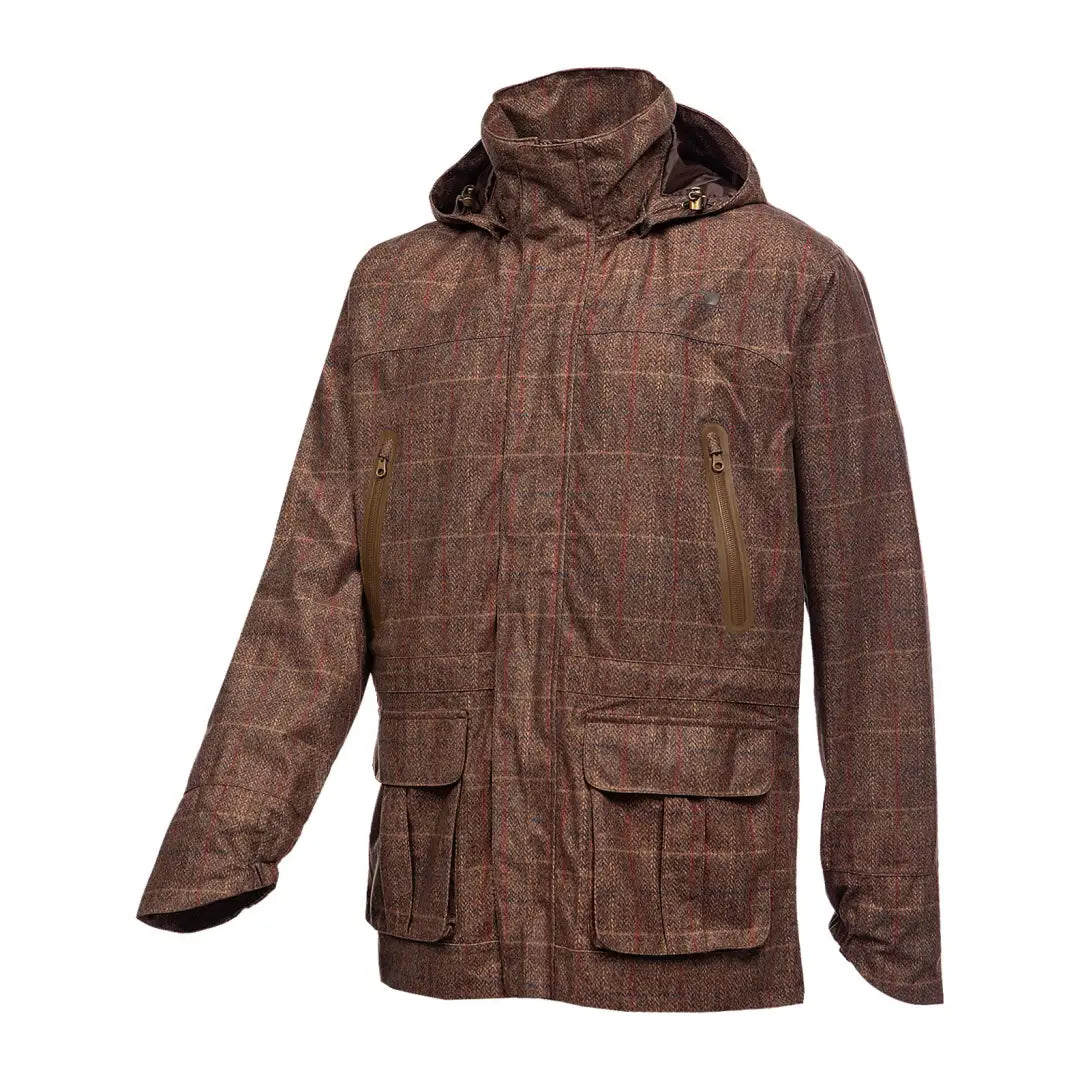 Brown plaid Baleno Moorland Mens Waterproof Jacket with pockets and zipper details