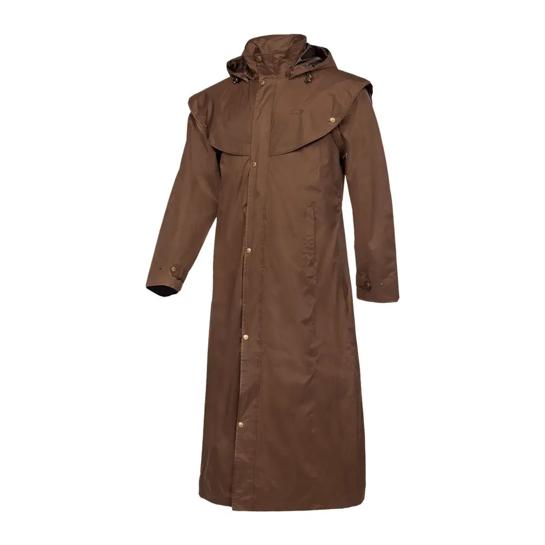 Long brown duster coat with hood and snap closures from Baleno Newbury Mens collection