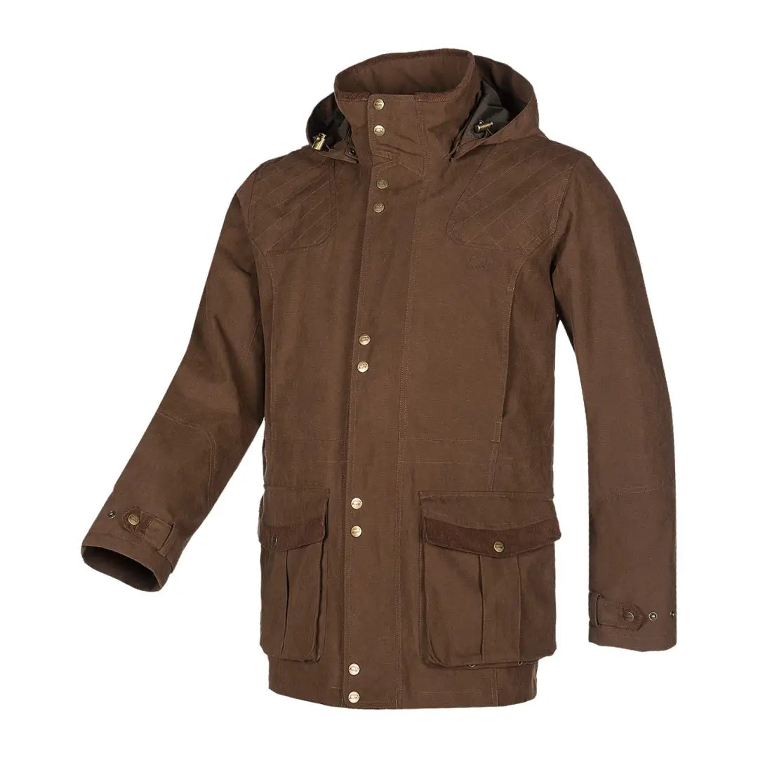 Brown hooded Baleno Oakwood Waterproof Jacket with pockets and snap closures