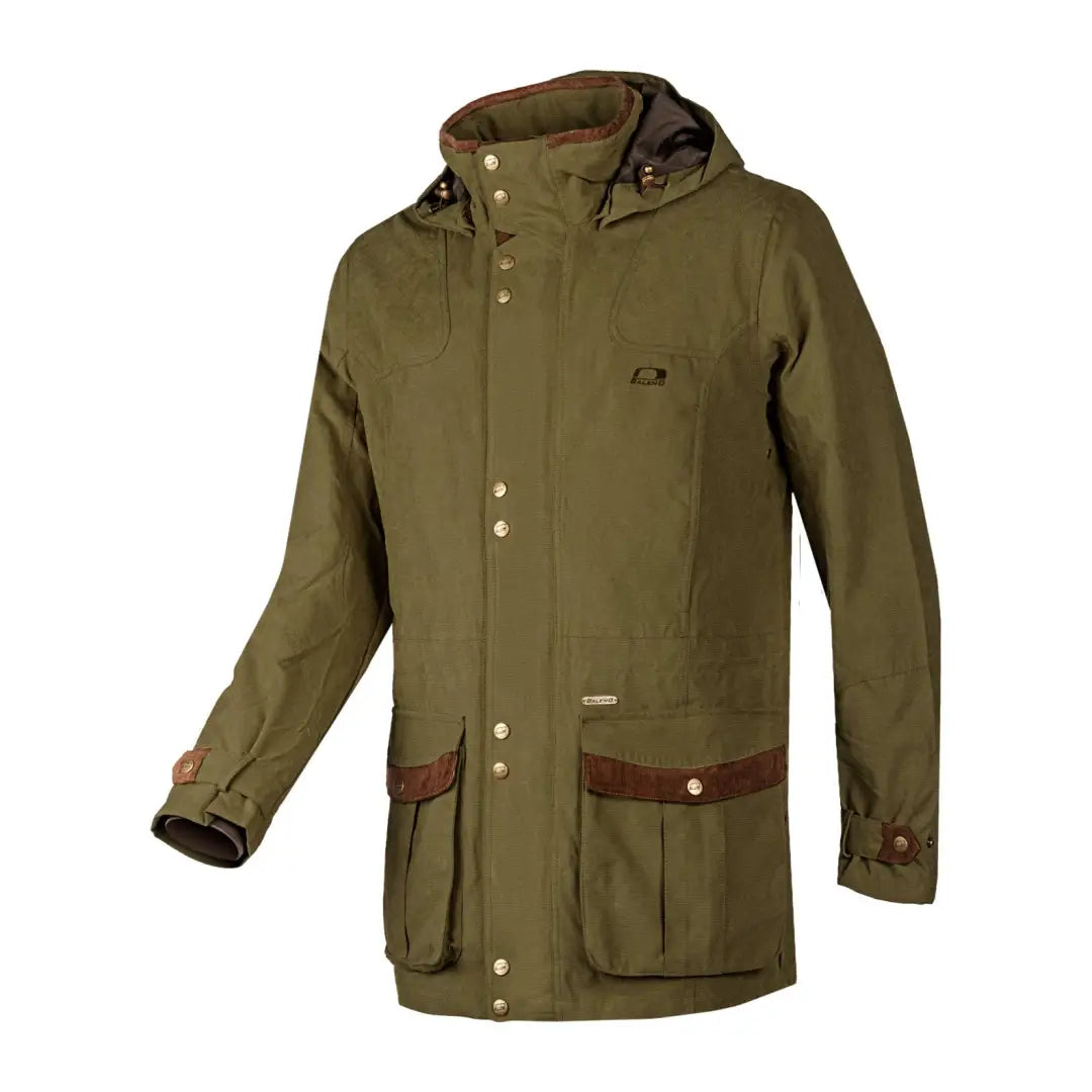 Olive green Baleno Oakwood Waterproof Jacket with detachable hood and brown trim, lots of pockets