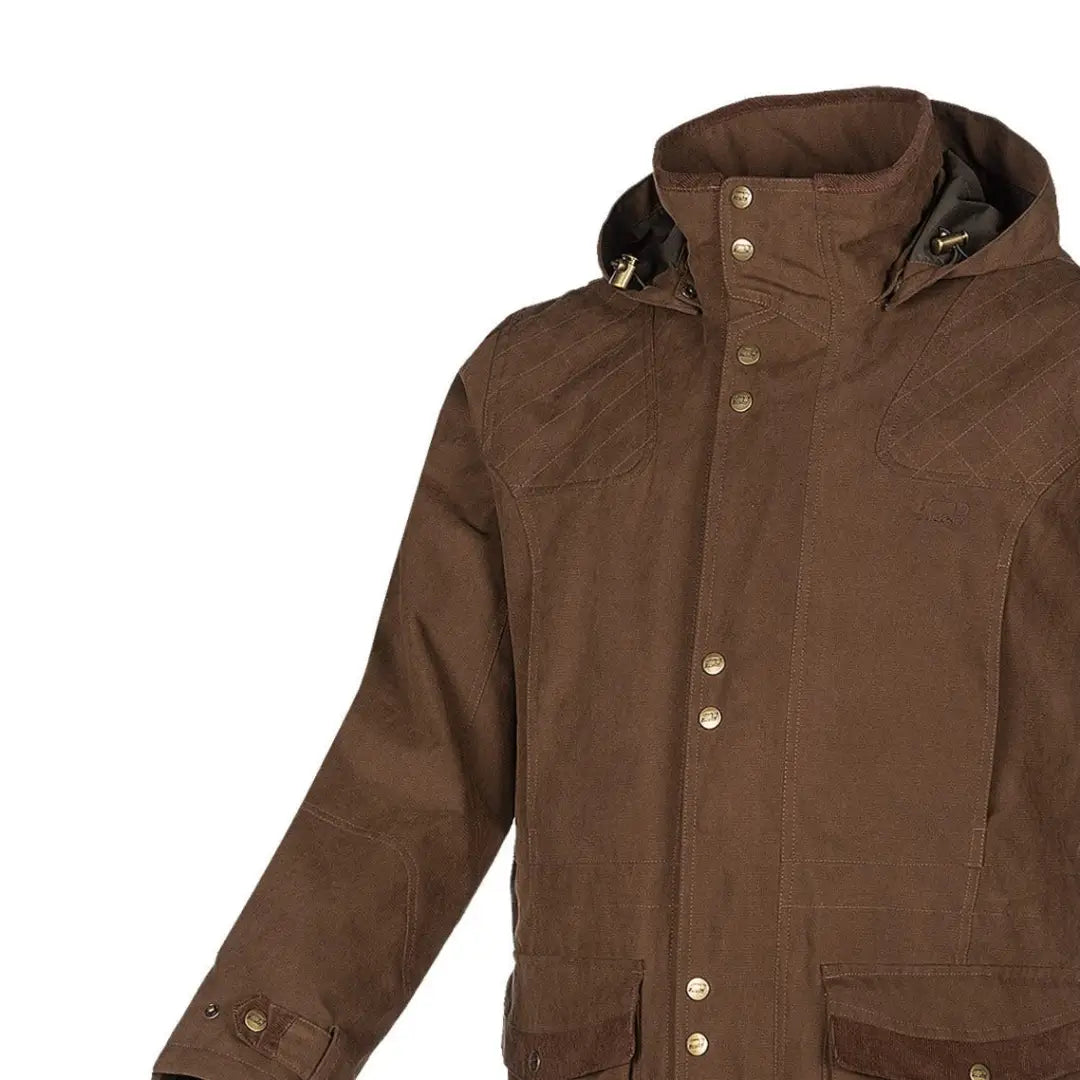 Brown hooded Baleno Oakwood Waterproof Jacket with snap buttons and a stylish collar