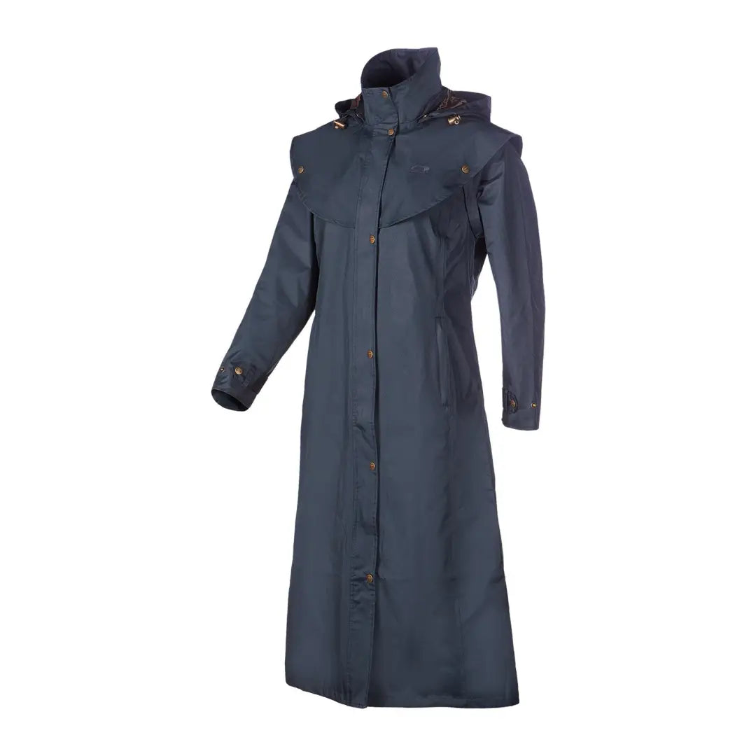 Long dark blue Baleno Oxford women’s coat with high collar and hood for rainy days