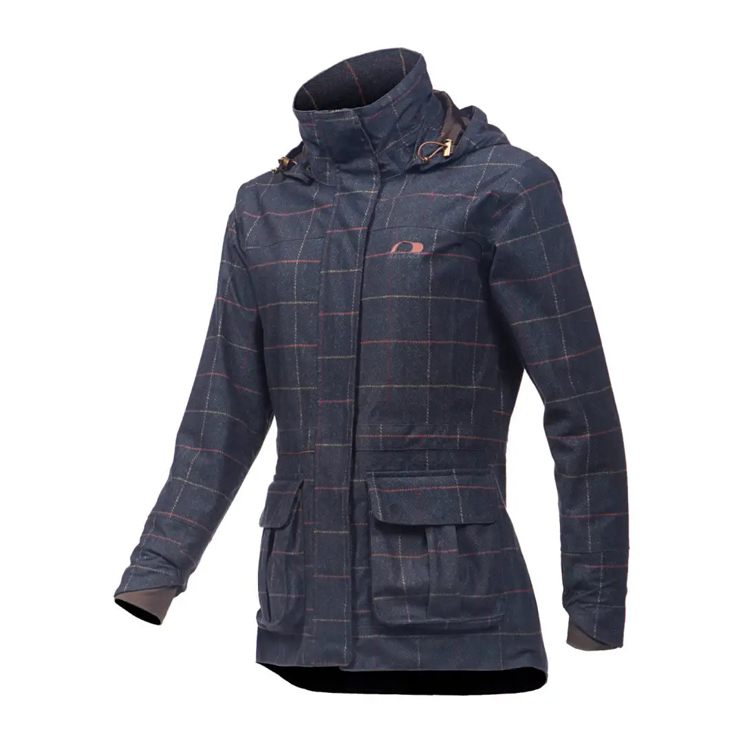 Navy blue plaid Baleno Pembroke Ladies waterproof jacket with high collar and pockets