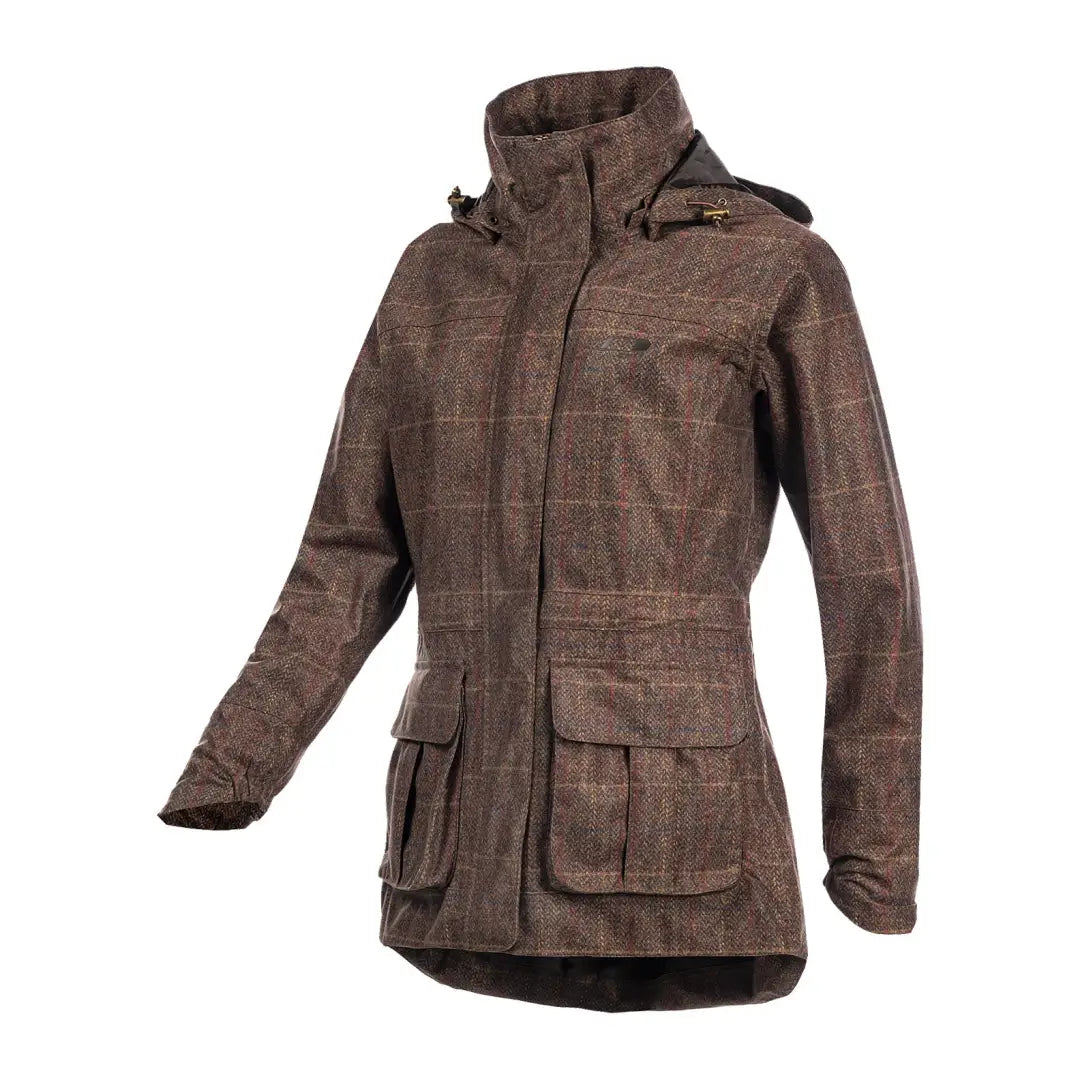 Brown plaid Baleno Pembroke Ladies Waterproof Jacket with pockets and shaped outer cuffs